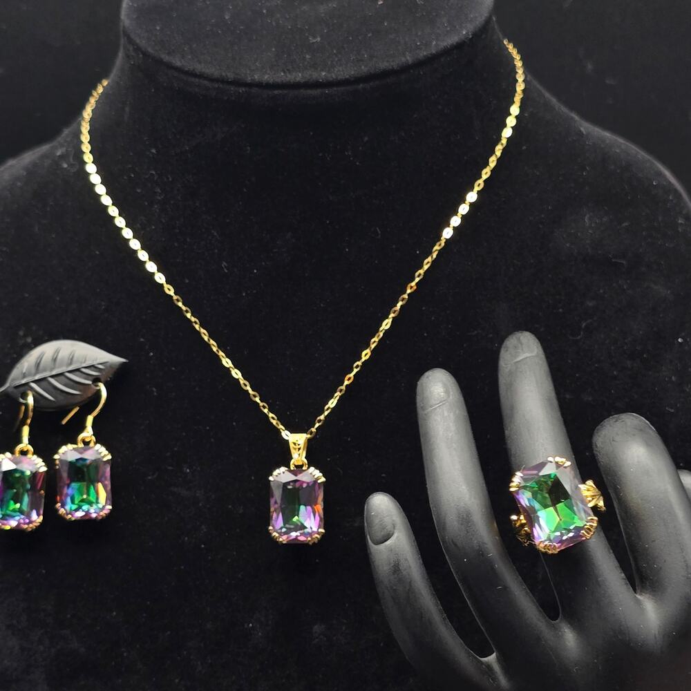 Kaylee Jackson Faux Mystic Topaz Jewelry Set 925 Gold Tone Ring Size 6